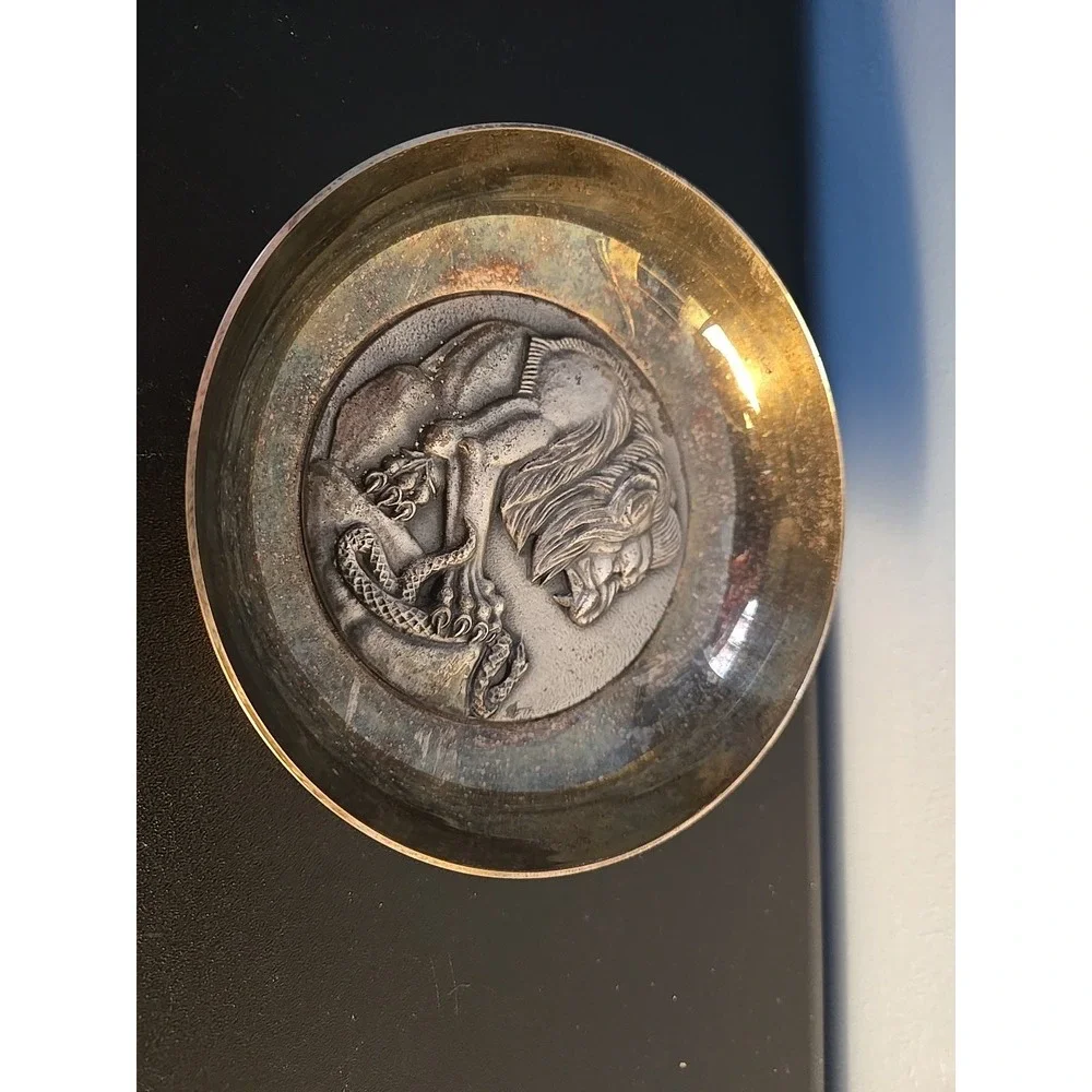 Antique Vintage Bowl Metal Argument Silver Plated French Souvenir Lion Snake Old
